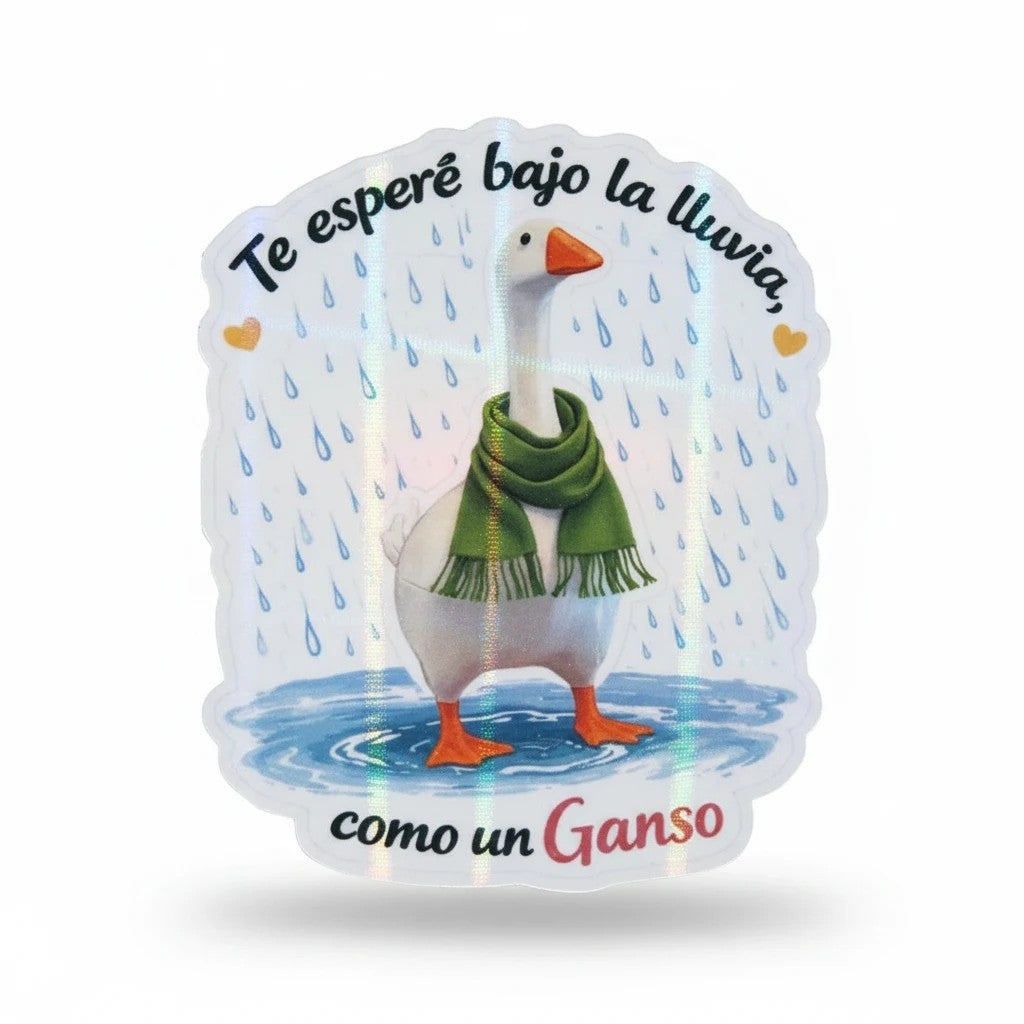 Todo Tumi laminated sticker featuring a white goose in a green scarf standing in the rain with Spanish text.