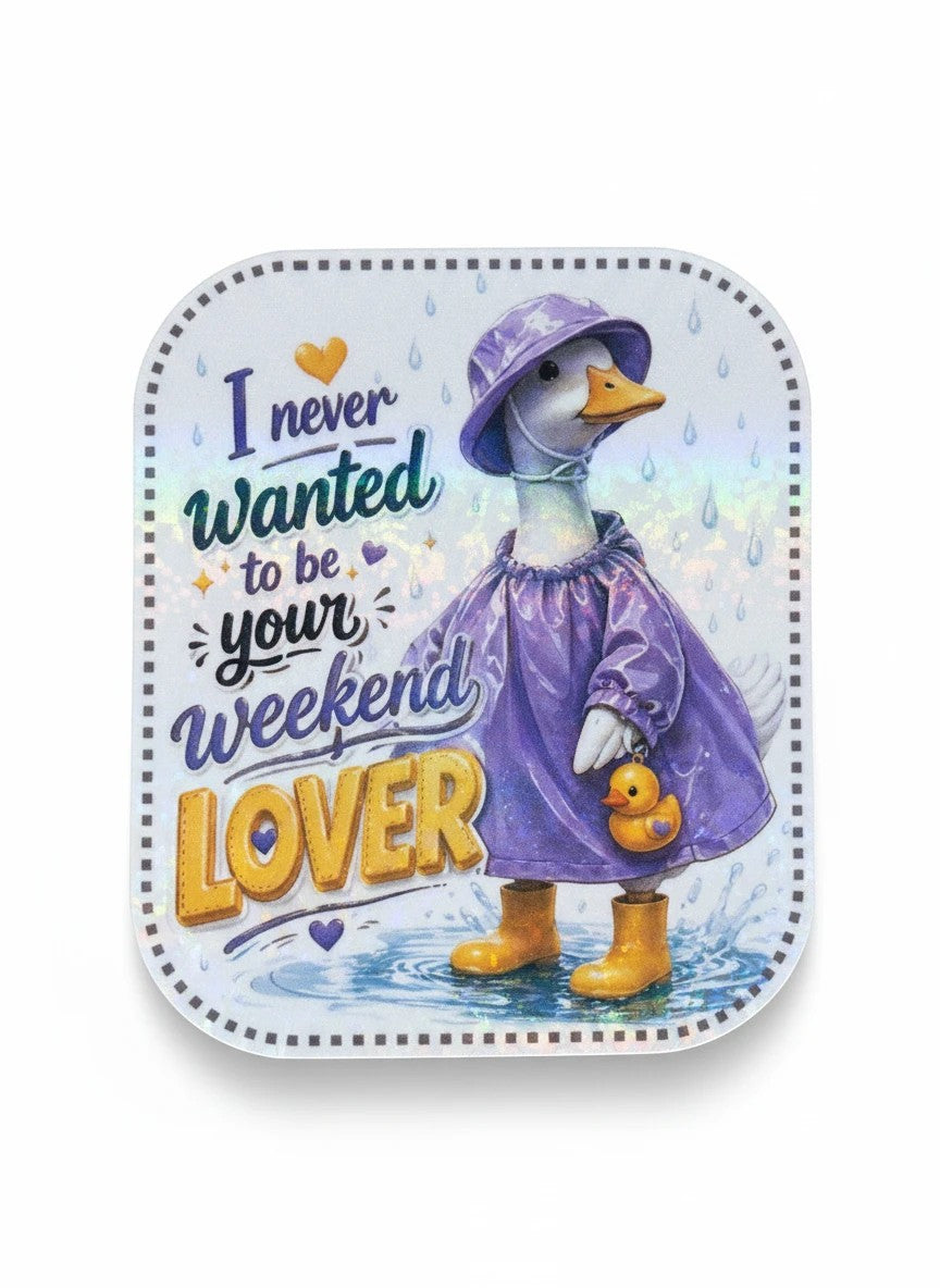 Todo Tumi holographic sticker featuring a goose in a purple raincoat, yellow boots, and rubber ducky purse in the rain.