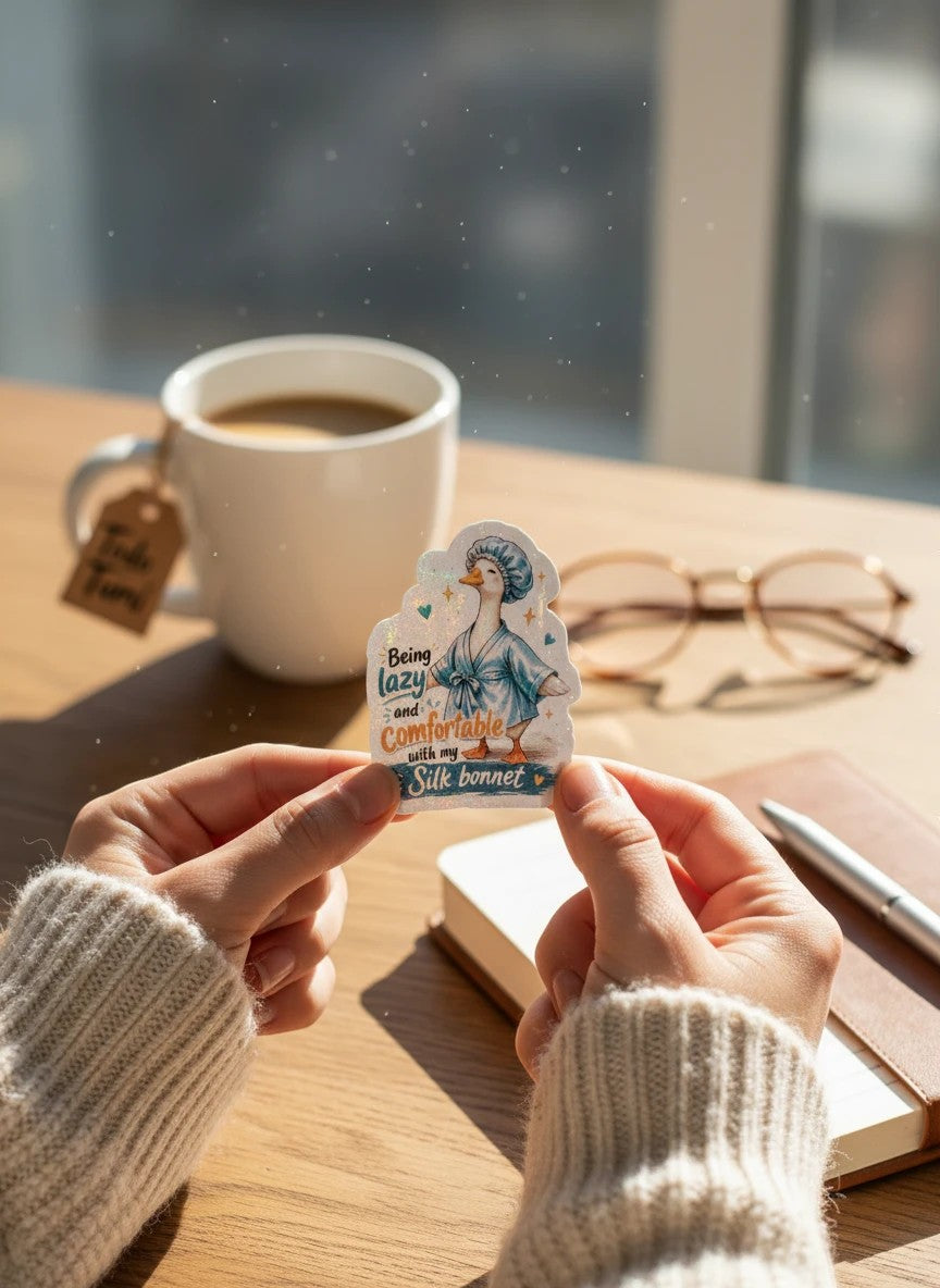 Todo Tumi laminated sticker featuring a hand-drawn goose in a blue robe and silk bonnet with the text Being Lazy