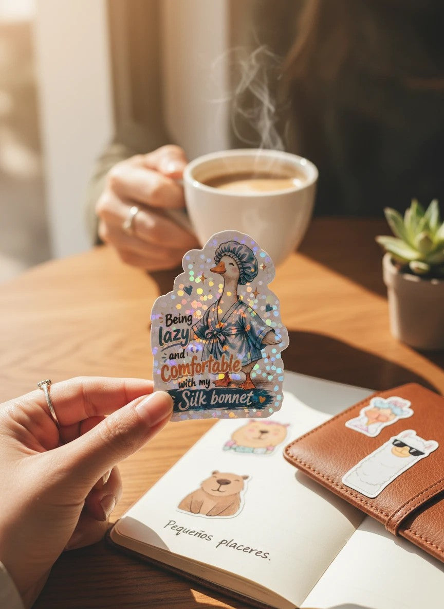 Todo Tumi laminated sticker featuring a hand-drawn goose in a robe and silk bonnet with holographic sparkle finish.