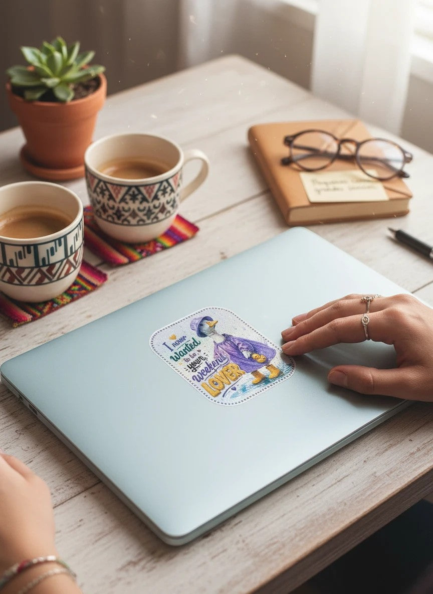 Todo Tumi holographic sticker of a goose in a purple raincoat and yellow boots on a laptop, featuring song lyrics.