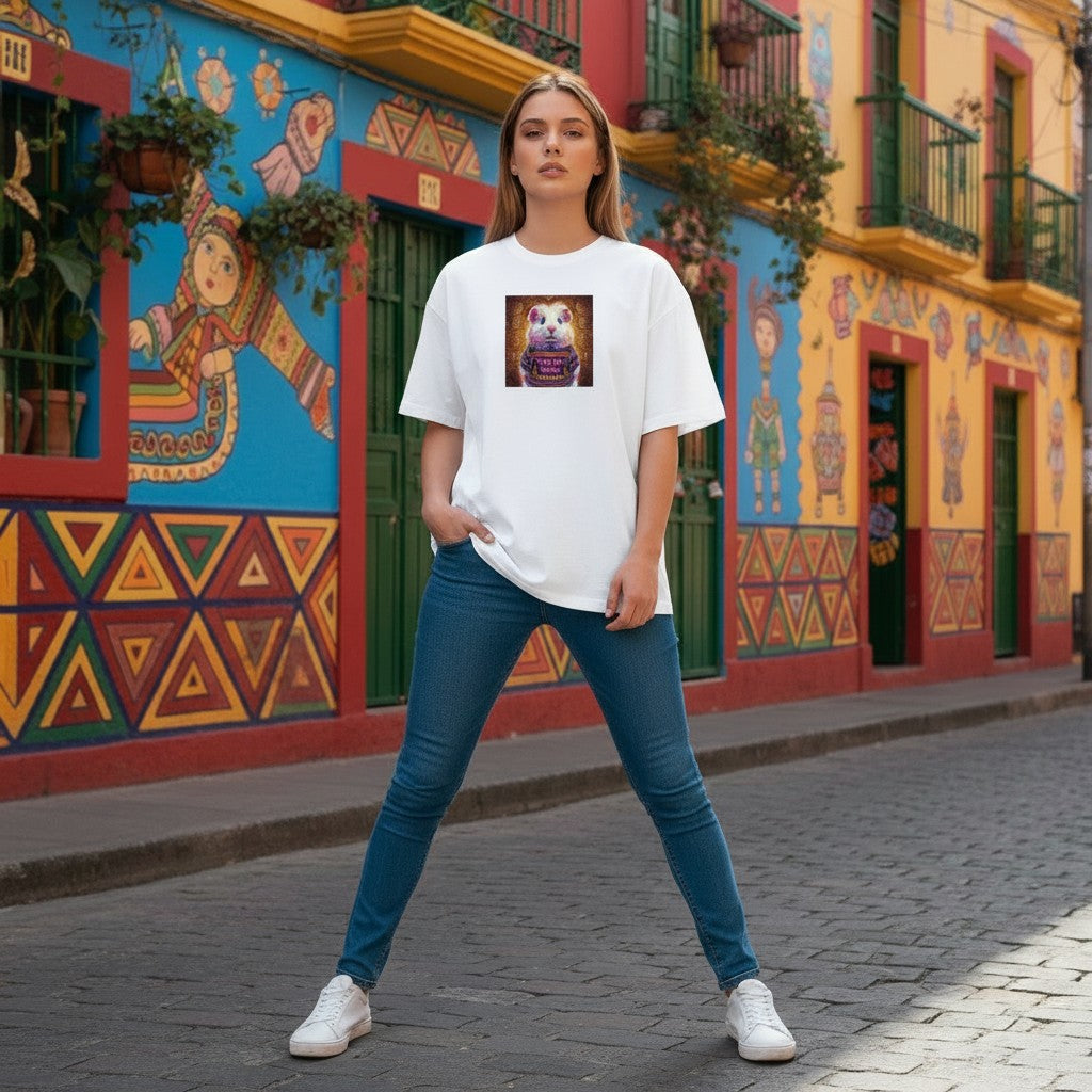 Todo Tumi white 100% cotton crew neck t-shirt with a graphic cuy print, worn by a woman on a colorful Cusco street.