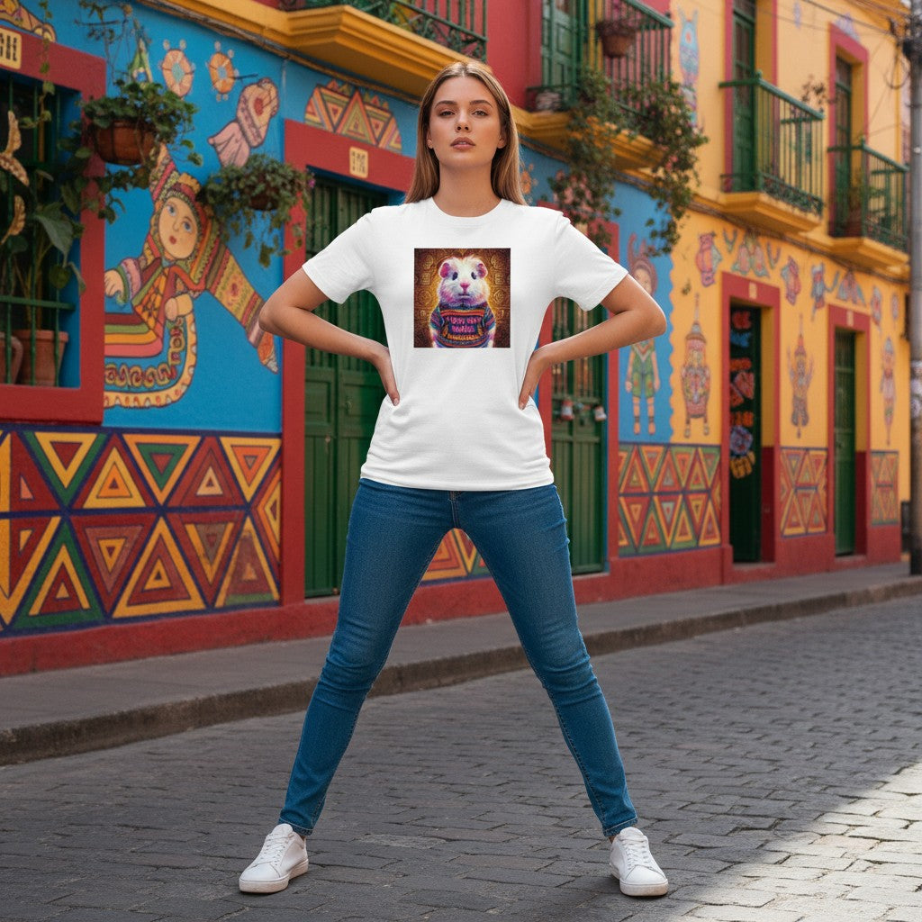 Woman wearing a white Todo Tumi cotton crew neck t-shirt with a graphic print of a cuy in an Andean sweater.