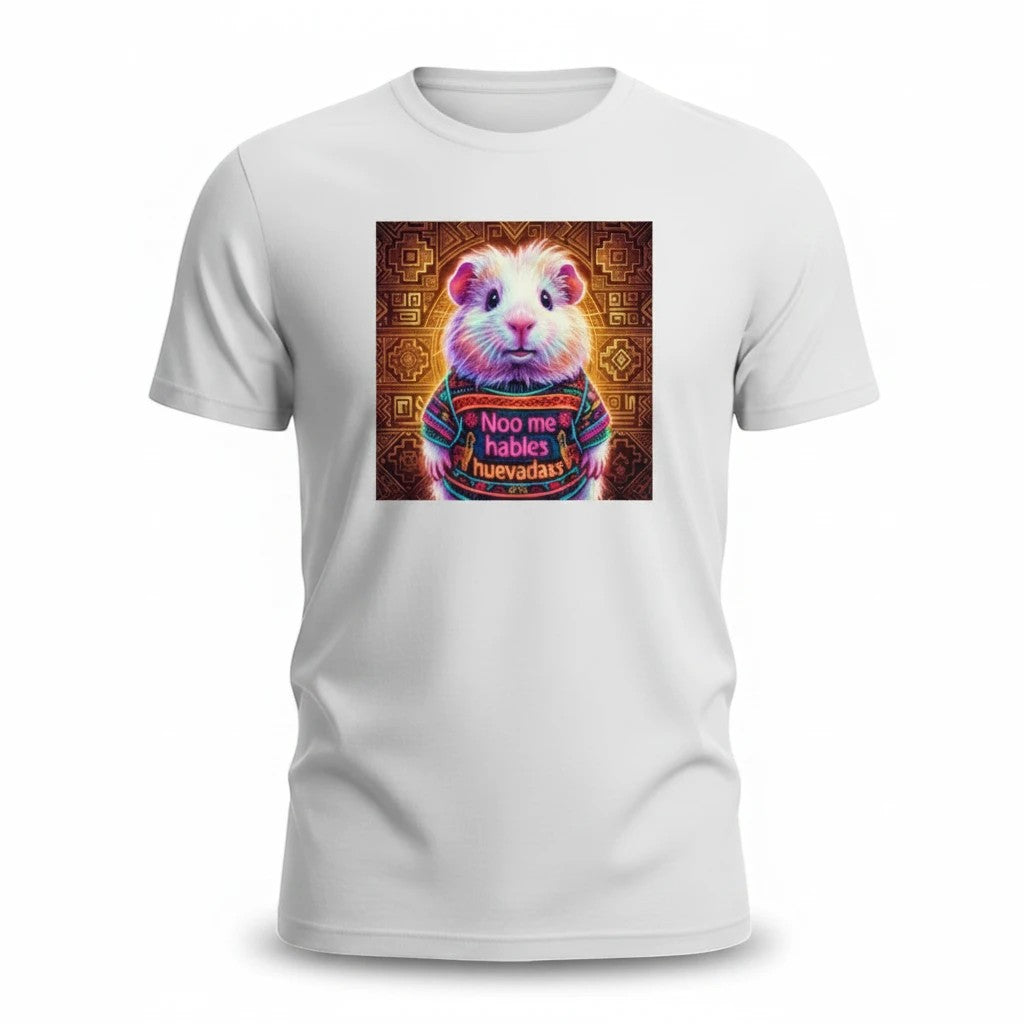 Todo Tumi white 100% cotton crew neck t-shirt featuring a graphic print of a cuy in an Andean sweater.