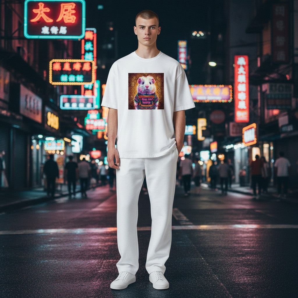 Todo Tumi white 100% cotton crew neck t-shirt featuring a graphic print of a cuy in an Andean sweater on a man.