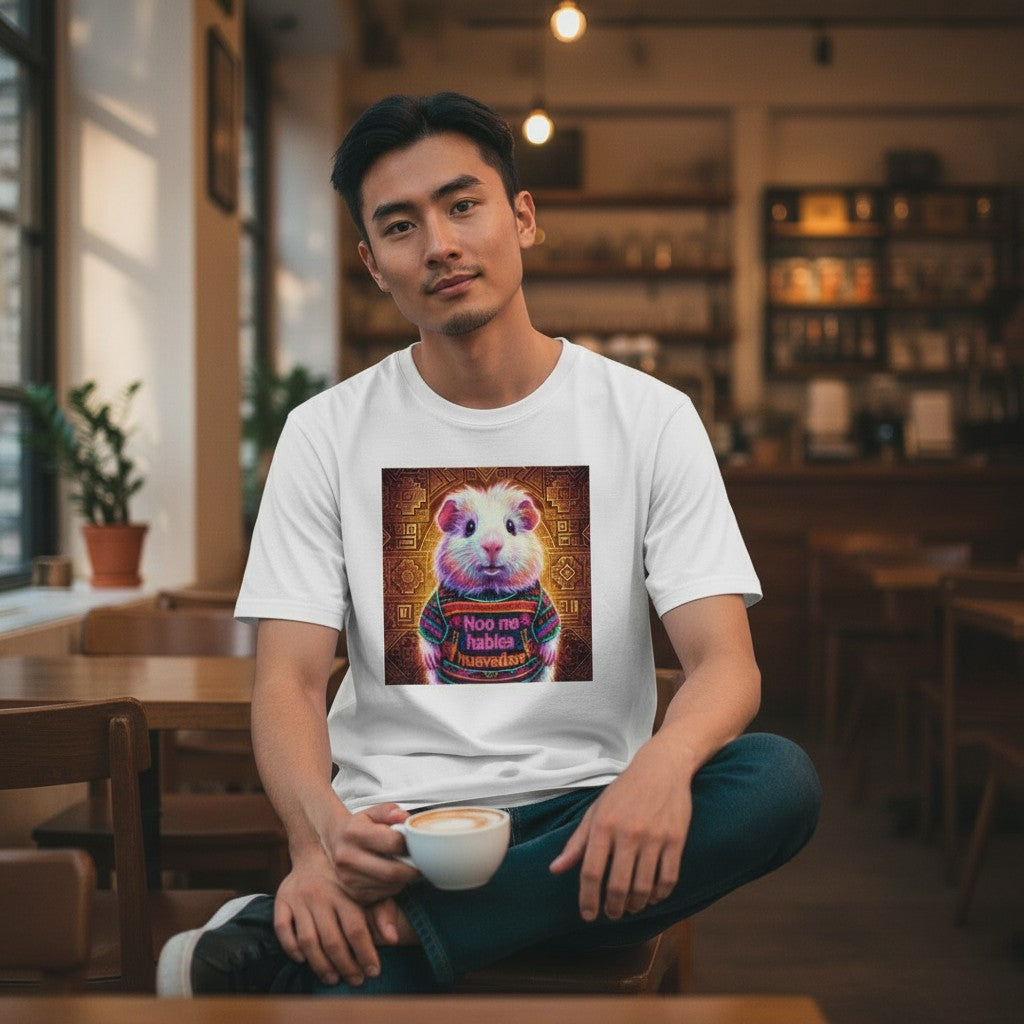 Man wearing a white Todo Tumi cotton crew neck t-shirt featuring a graphic print of a cuy in an Andean sweater.