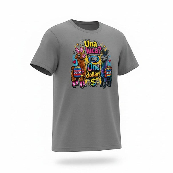 Todo Tumi gray 100% cotton unisex t-shirt featuring a colorful Cusco llama graphic with Una Luca One Dollar text.