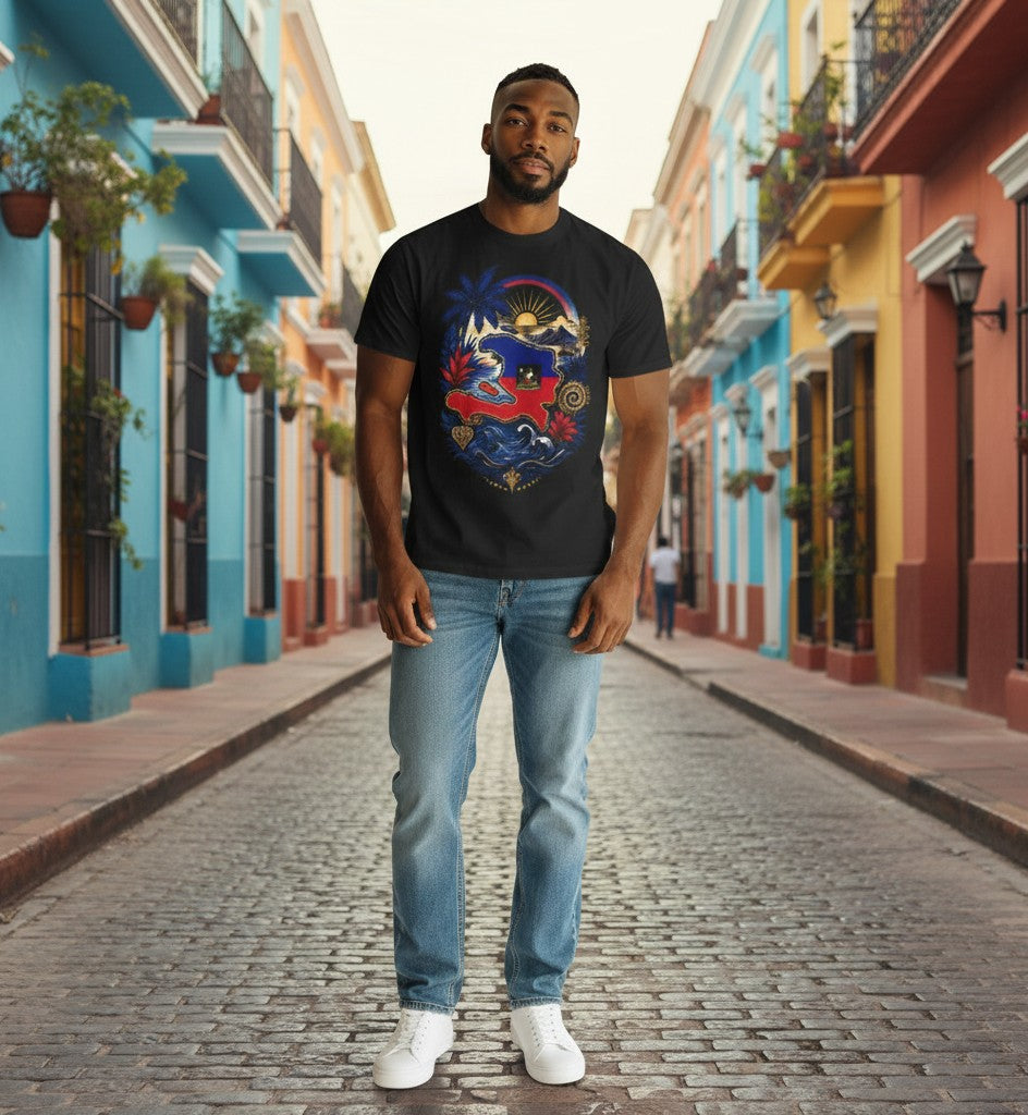 Man wearing a black Todo Tumi crewneck t-shirt with a colorful Haiti map graphic, standing on a vibrant cobblestone street.