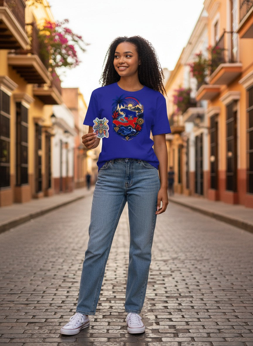 Woman wearing a blue Todo Tumi crewneck t-shirt with a colorful Haiti map graphic, standing on a cobblestone street.