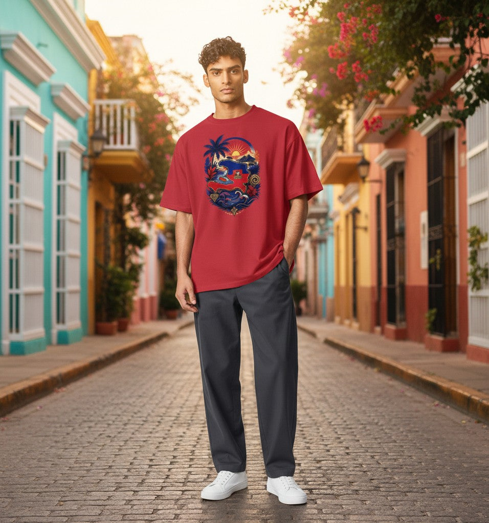 Man wearing a red Todo Tumi crewneck t-shirt with a Haiti map graphic, palm trees, and sunrise on a cobblestone street