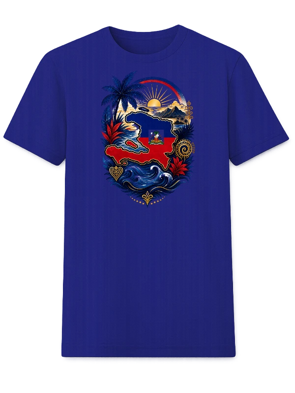 Todo Tumi blue crewneck t-shirt featuring a vibrant Haiti map graphic with tropical palm trees and sunrise motifs.