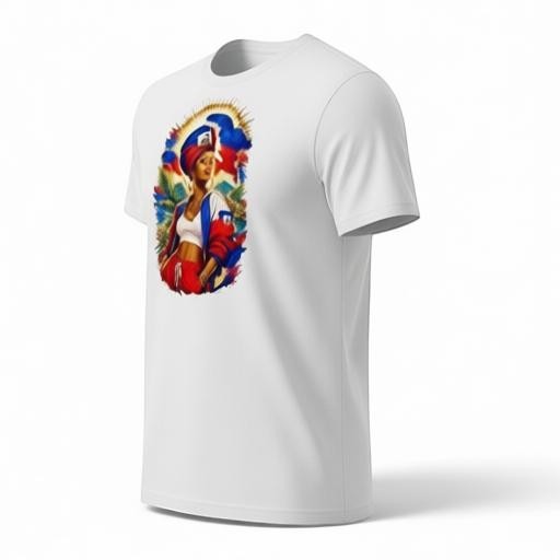 Todo Tumi white crewneck t-shirt featuring a vibrant Haitian pride graphic of a woman in flag colors.