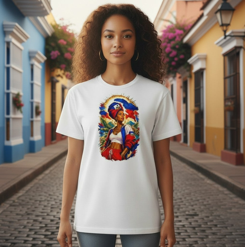 Todo Tumi white crewneck t-shirt featuring a vibrant Haitian pride graphic of a woman in tropical island colors.