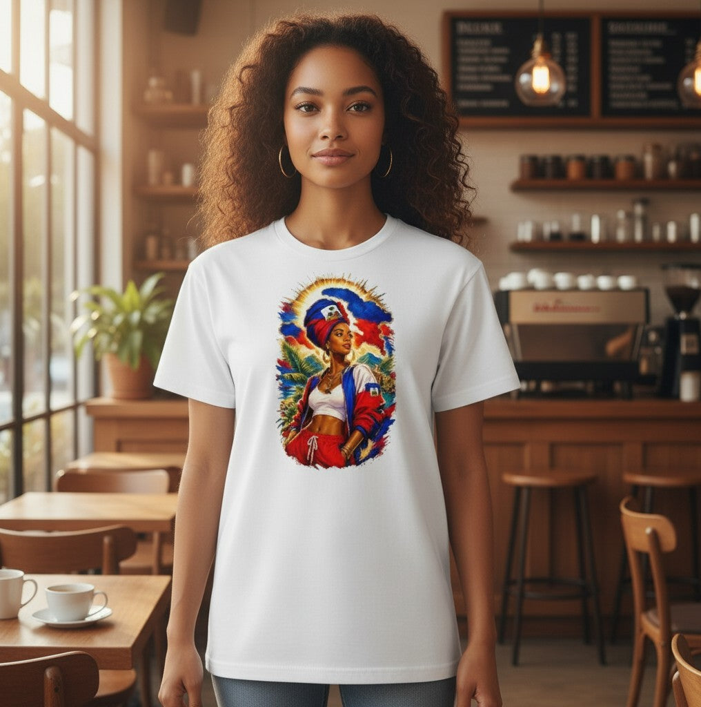 Todo Tumi white crewneck t-shirt featuring a vibrant Haitian pride graphic of a woman in flag colors in a cafe.