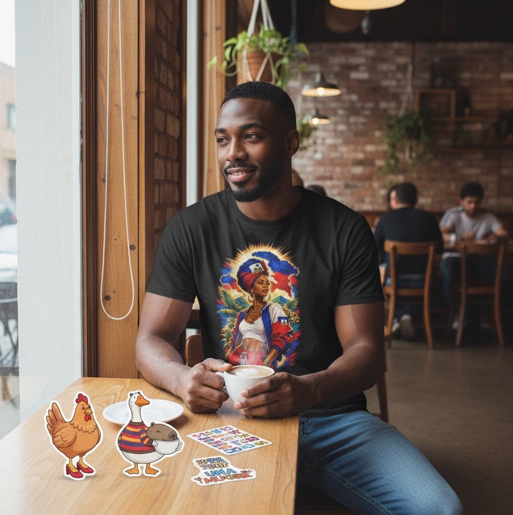 Man wearing a black Todo Tumi Haitian Pride graphic crewneck t-shirt with a vibrant illustration in a cafe setting.