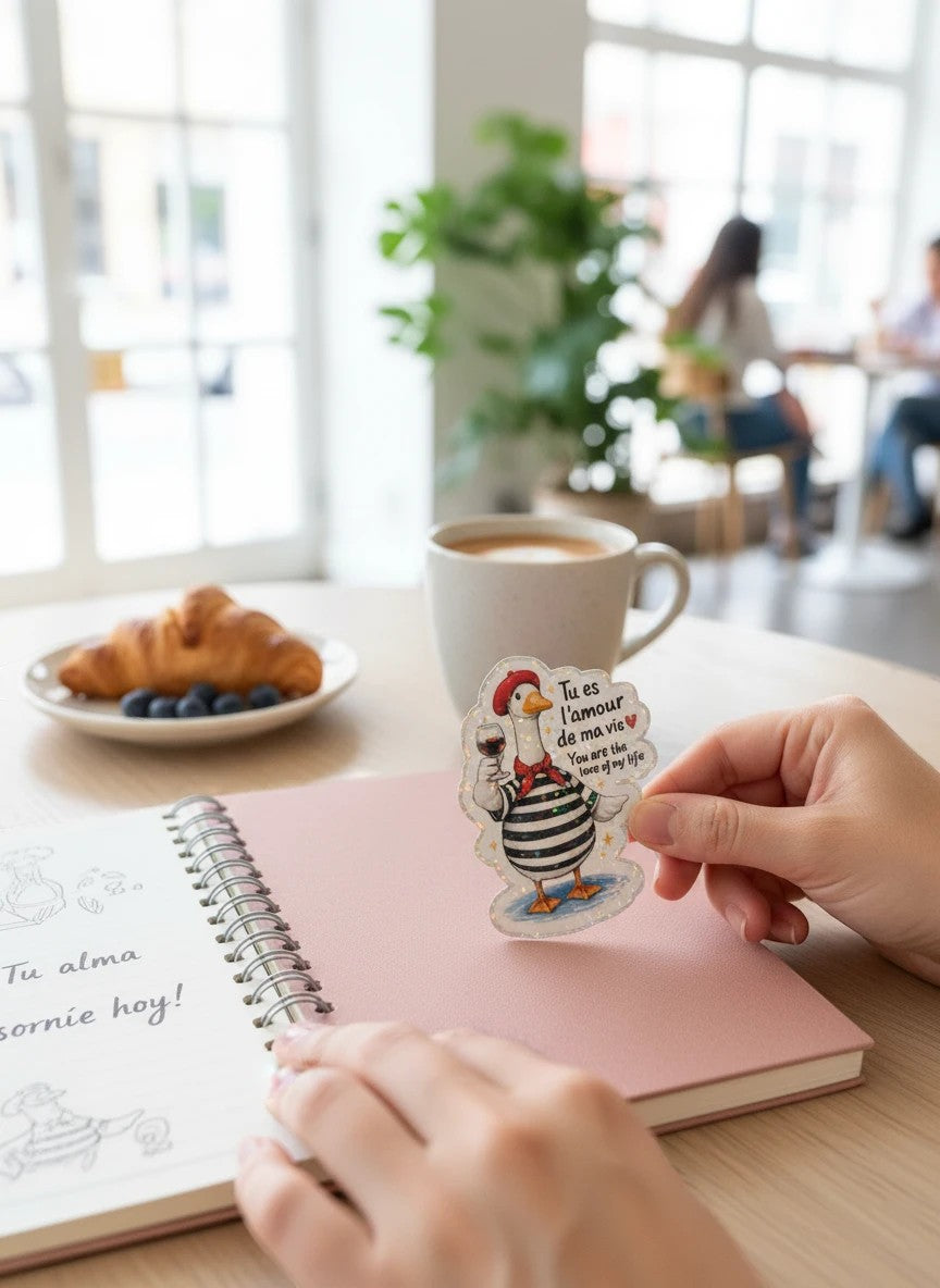 Todo Tumi holographic goose sticker featuring a French-themed goose in a beret holding wine, held over a pink notebook.