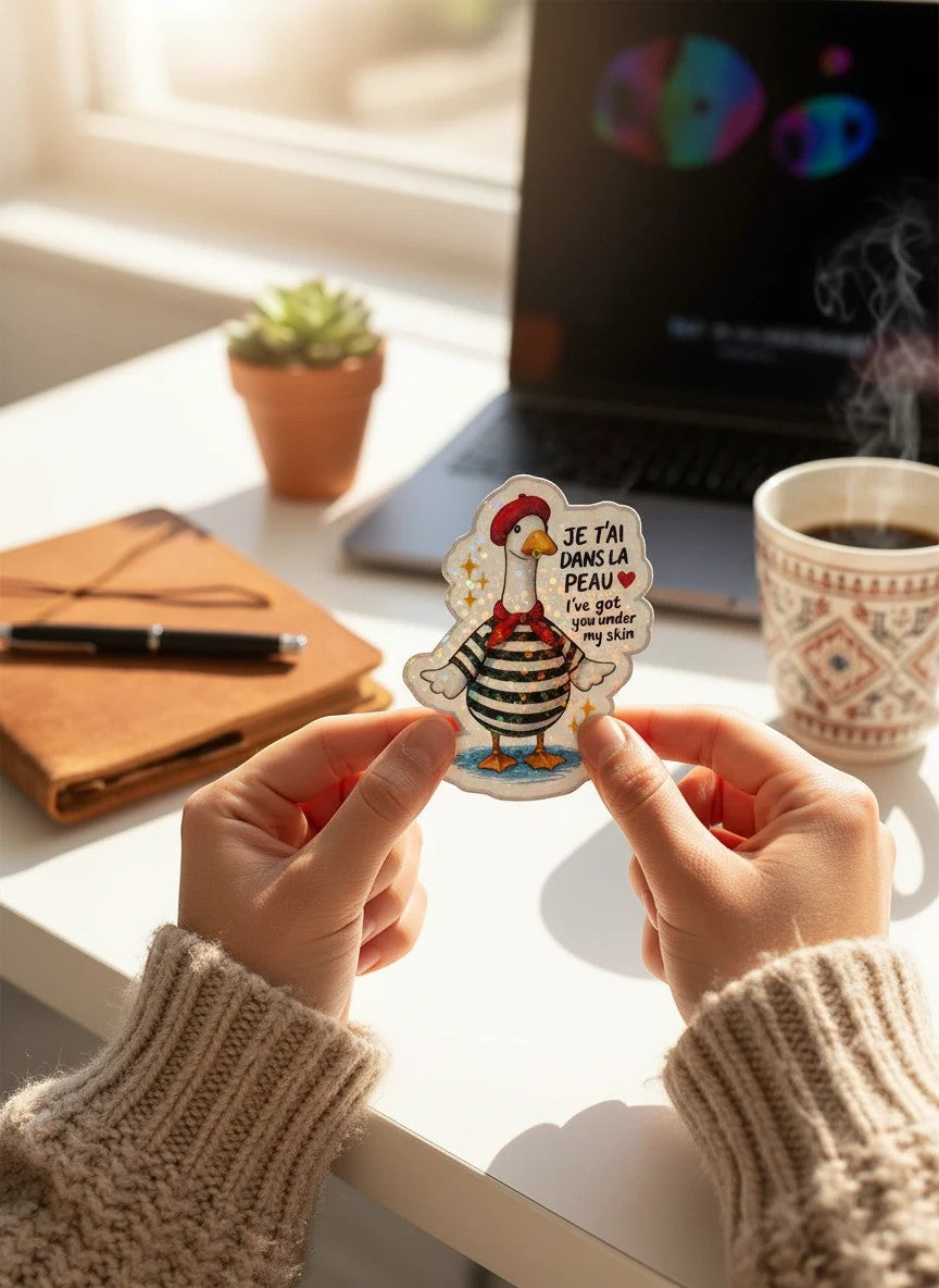 Todo Tumi holographic goose sticker with a French beret and striped sweater, featuring the phrase Je T'ai Dans la Peau.