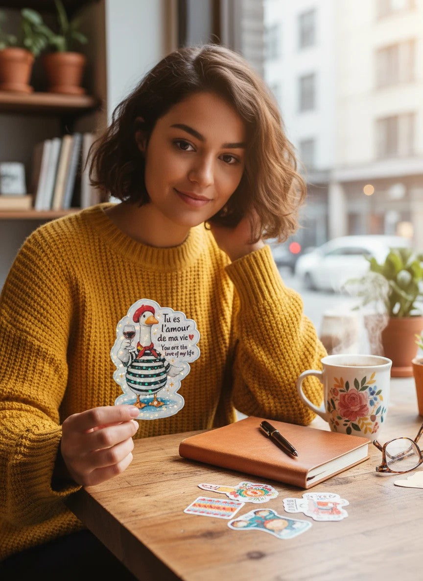 Todo Tumi holographic goose sticker featuring a French-themed bird with a beret, wine, and romantic text.