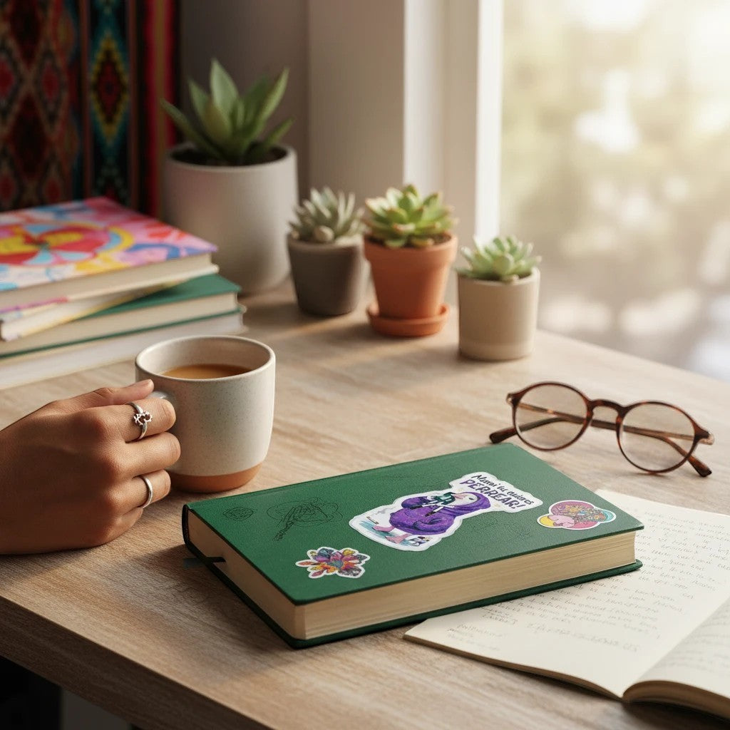 Todo Tumi holographic goose sticker in a purple hoodie on a green notebook, featuring the text Mami tu quieres PERREAR