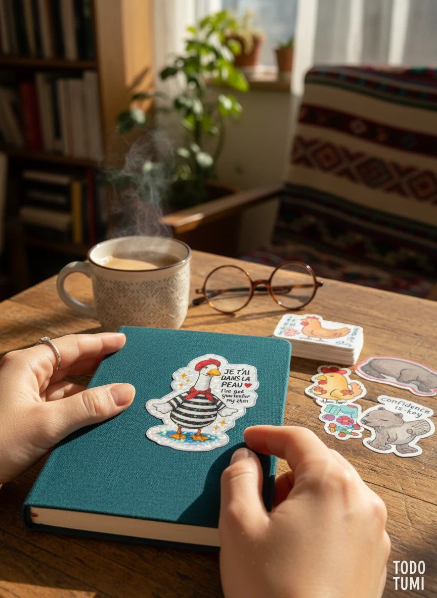 Todo Tumi holographic goose sticker with a French beret and striped shirt on a teal notebook, featuring romantic text.