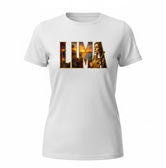 Todo Tumi white cotton women's t-shirt featuring Lima graphic with coastal sunset and musician illustration.