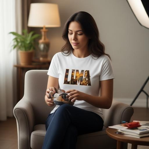 Todo Tumi white cotton women's fit t-shirt featuring Lima graphic print, worn by a woman sitting in a cozy room.