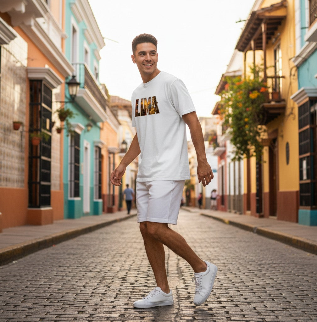 Man wearing a white Todo Tumi Lima graphic cotton t-shirt while walking on a cobblestone street in a colorful city.