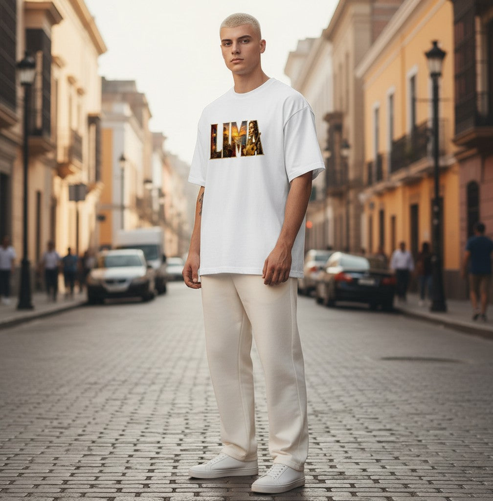 Todo Tumi white cotton t-shirt featuring Lima graphic print, worn by a man on a city street.