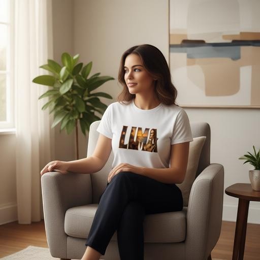 Woman wearing a white Todo Tumi Lima graphic cotton t-shirt with a scenic coastal print, sitting in a cozy room.