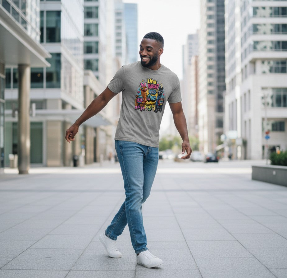 Todo Tumi gray 100% cotton unisex t-shirt featuring a colorful Cusco llama graphic design worn by a smiling man.