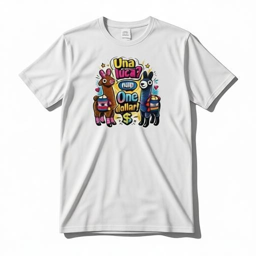 Todo Tumi white 100% cotton unisex t-shirt featuring a colorful Cusco llama graphic with Una Luca One Dollar text.