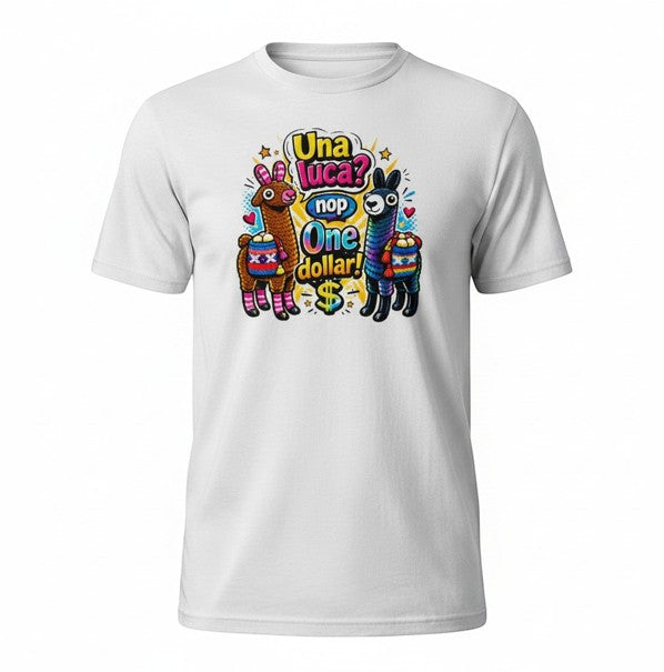 Todo Tumi white 100% cotton unisex tee featuring a colorful Cusco llama graphic with Una Luca One Dollar text.