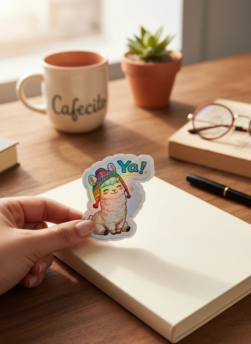 Todo Tumi holographic laminated sticker featuring a cute llama wearing a colorful chullo hat with the text Ya!