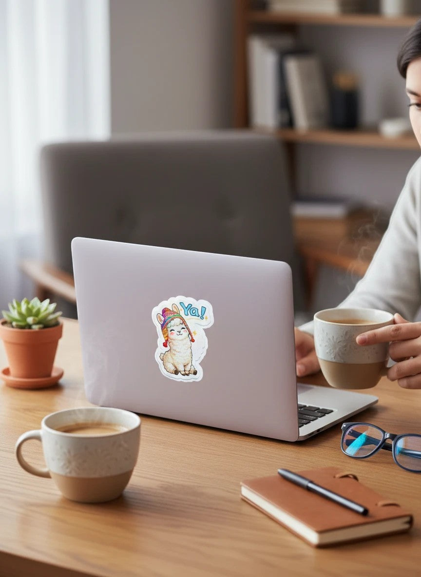 Todo Tumi Ya! llama sticker with holographic finish on a laptop, featuring a cute llama in a colorful chullo hat.