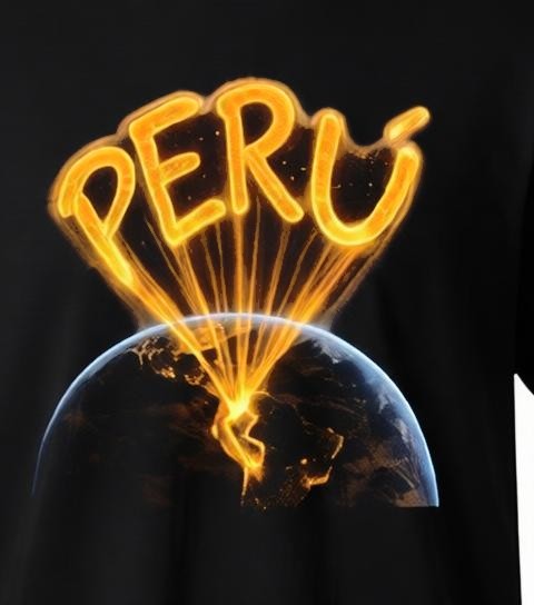 Todo Tumi black cotton t-shirt featuring a golden glowing Peru signal graphic inspired by Batman.
