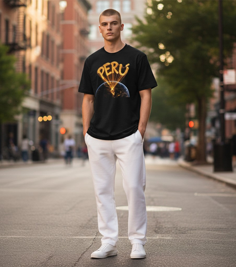 Todo Tumi black cotton t-shirt with golden Peru signal graphic worn by a man on a city street.