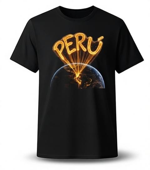 Todo Tumi black 100% cotton unisex t-shirt featuring a golden glowing Peru signal graphic over Earth.