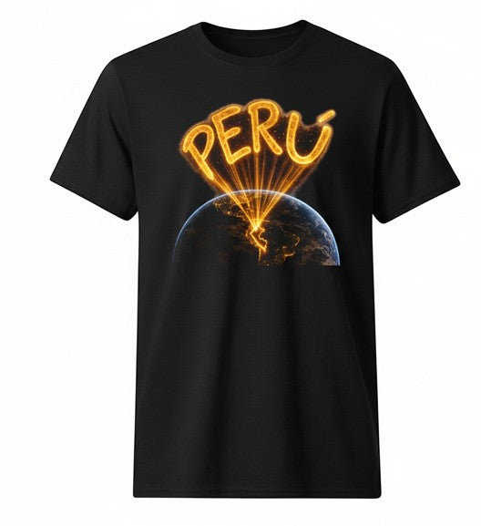 Todo Tumi black 100% cotton t-shirt featuring a golden glowing Peru signal graphic over Earth.