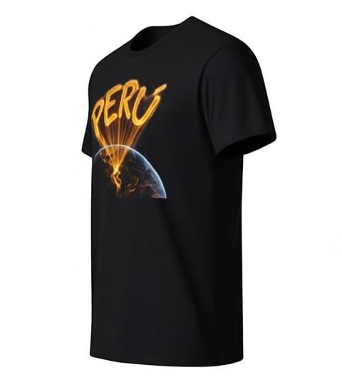 Todo Tumi black cotton unisex t-shirt featuring a golden handwritten Peru graphic with light rays beaming from Earth.