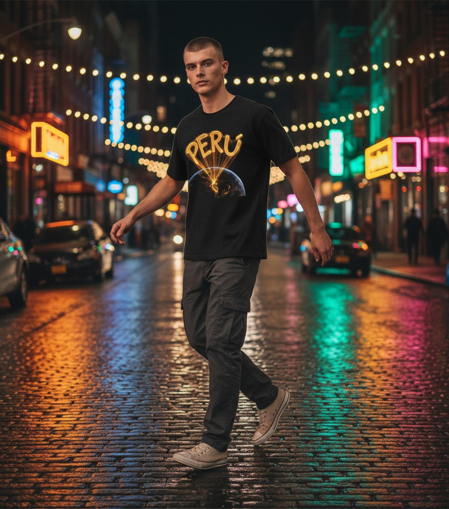 Todo Tumi black cotton t-shirt with golden Peru signal graphic, worn by a man on a neon-lit city street at night.
