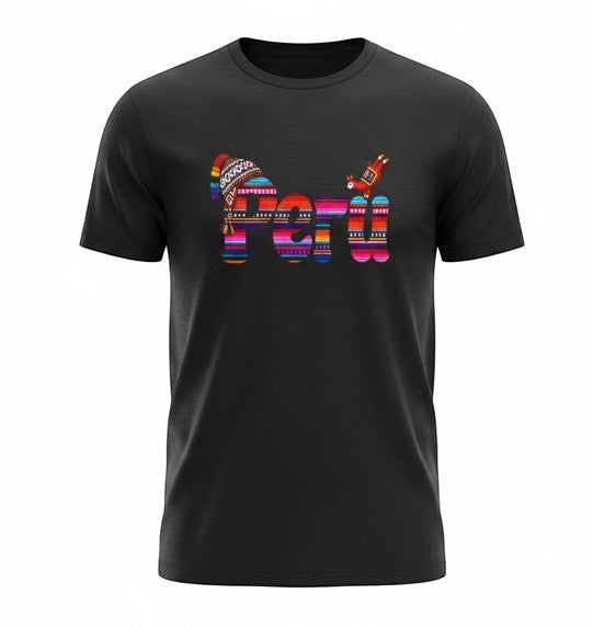 Todo Tumi black cotton unisex t-shirt featuring colorful Andean textile-patterned Peru text with chullo and llama art.
