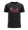 Todo Tumi black cotton unisex t-shirt featuring colorful Andean textile-patterned Peru text with chullo and llama art.