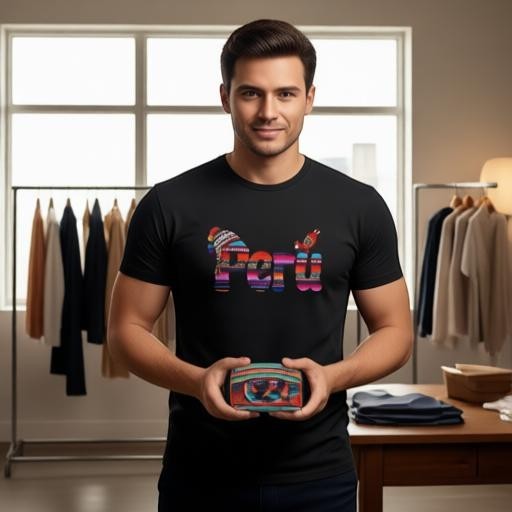 Man wearing a black Todo Tumi cotton tee with colorful Andean textile print and llama graphic in a clothing studio.