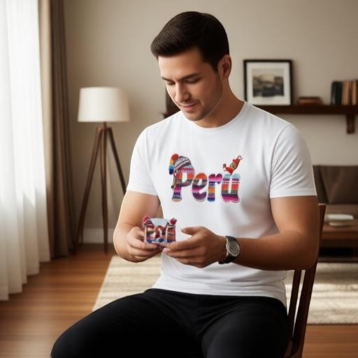 Man wearing a white Todo Tumi cotton t-shirt with colorful Andean textile-inspired Peru graphic and llama detail.