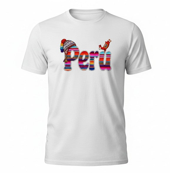 Todo Tumi white 100% cotton unisex tee featuring colorful Andean textile pattern lettering and Peruvian chullo hat.