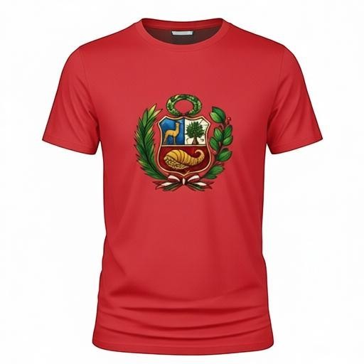 Todo Tumi red 100% cotton unisex t-shirt featuring a stained glass style Escudo Nacional del Perú coat of arms.