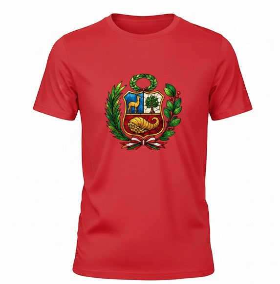 Todo Tumi red cotton unisex tee featuring a stained glass style Peruvian coat of arms graphic print.