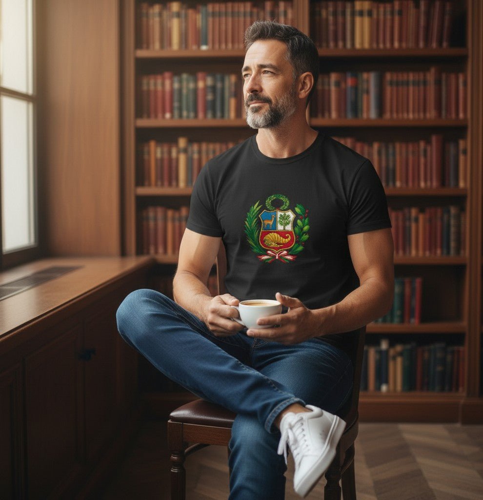Man wearing a black Todo Tumi cotton t-shirt with a stained glass style Peruvian coat of arms in a library setting.