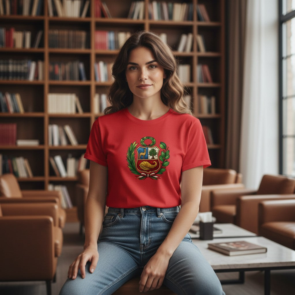 Woman wearing a red Todo Tumi cotton t-shirt featuring a stained glass style Escudo Nacional del Perú coat of arms.