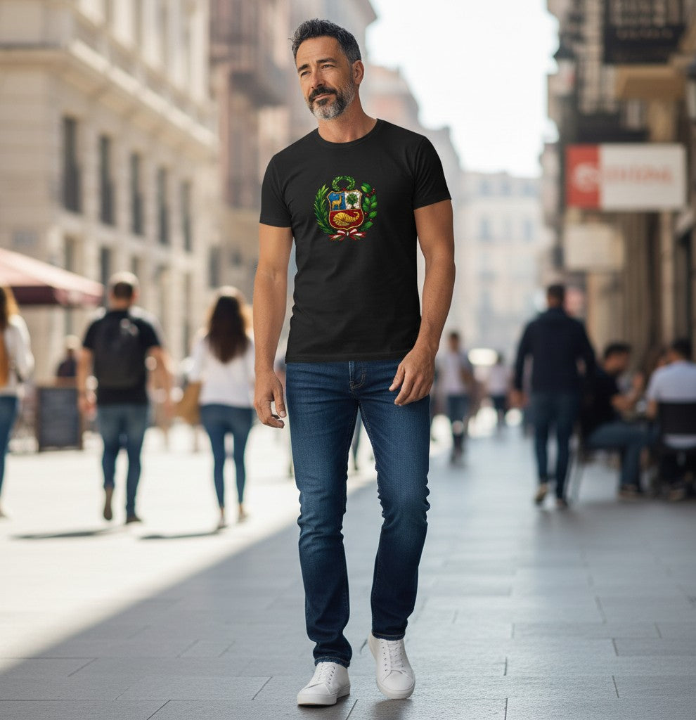 Man wearing a black Todo Tumi cotton tee with a stained glass style Escudo Nacional del Perú coat of arms design.